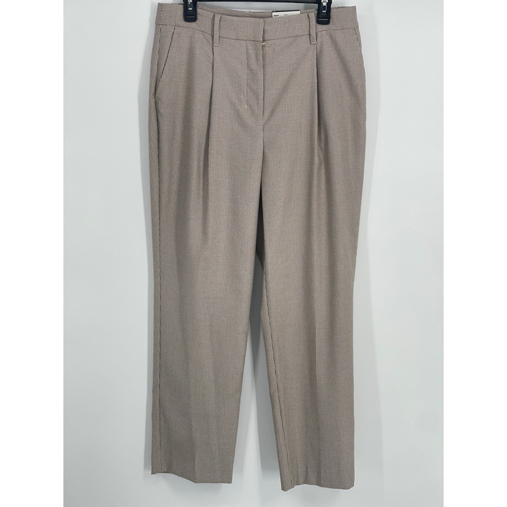 Nine West High Rise Straight Leg Trousers Tan White Check Pleated Pants Size 10